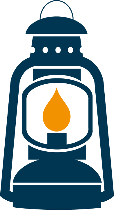 Lichtzeichen. Grafik einer klassischen Petroleumlampe mit dunkelblauem Gehäuse und orangefarbener Flamme in der Mitte.