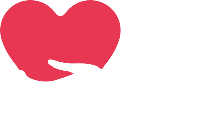 Illustration einer weißen Hand, die ein rotes Herz auf mintgrünem Hintergrund hält – Symbol für Fürsorge und Unterstützung.