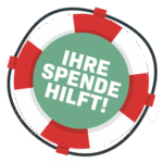 Hier spenden Bild. Grafik eines roten Rettungsrings mit grünem Zentrum und dem weißen Schriftzug „Ihre Spende hilft!“.