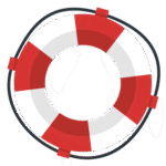 Grafik eines rot-weißen Rettungsrings mit schwarzem Halteband auf hellgrünem Hintergrund.