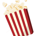 Illustration einer rot-weiß gestreiften Popcorntüte mit überquellendem Popcorn auf transparentem Hintergrund.