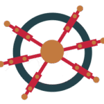 Illustration eines stilisierten Schiffssteuerrads mit dunkelgrünem Ring, rotem Speichenkreuz und orangefarbenem Zentrum.