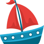 Illustration eines blauen Segelboots mit roten Segeln und fünf weißen Bullaugen.