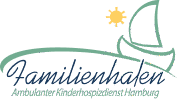 Logo des Familienhafen – Ambulanter Kinderhospizdienst Hamburg. Darstellung eines stilisierten Segelboots mit Sonne, kombiniert mit dem Schriftzug „Familienhafen – Ambulanter Kinderhospizdienst Hamburg“.