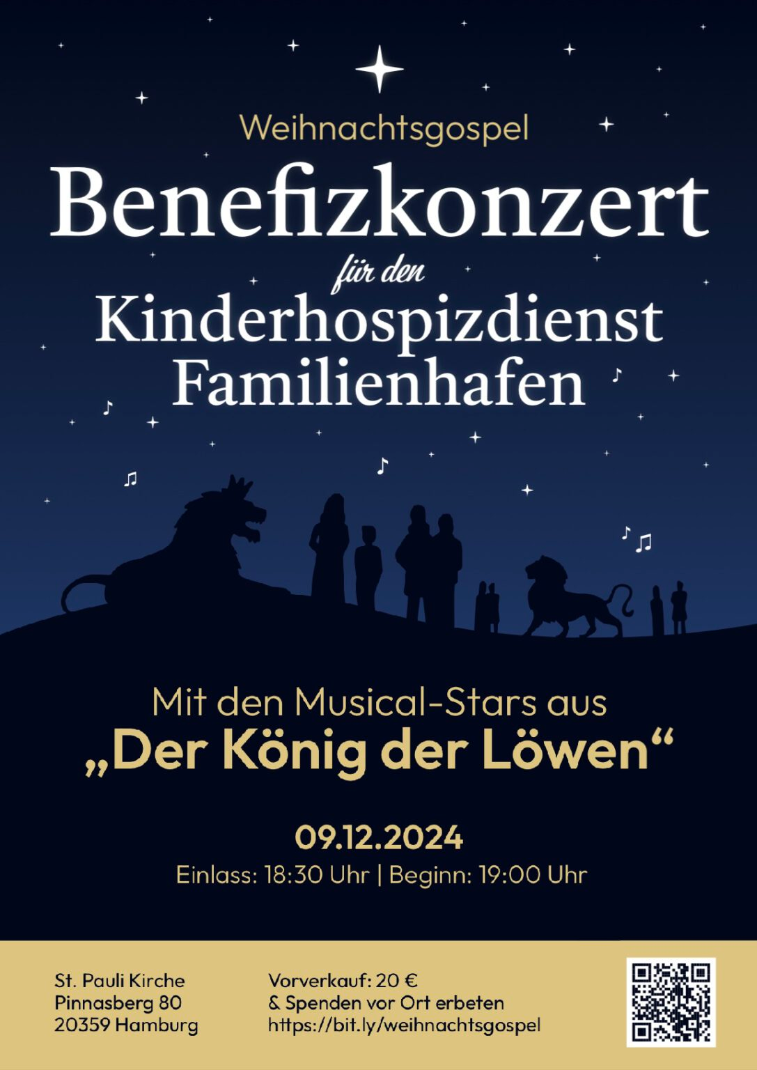 Veranstaltungsplakat für ein Weihnachtsgospel-Benefizkonzert für den Kinderhospizdienst Familienhafen. Das Konzert findet am 9. Dezember 2024 in der St. Pauli Kirche in Hamburg statt und wird von Musical-Stars aus „Der König der Löwen“ gestaltet.