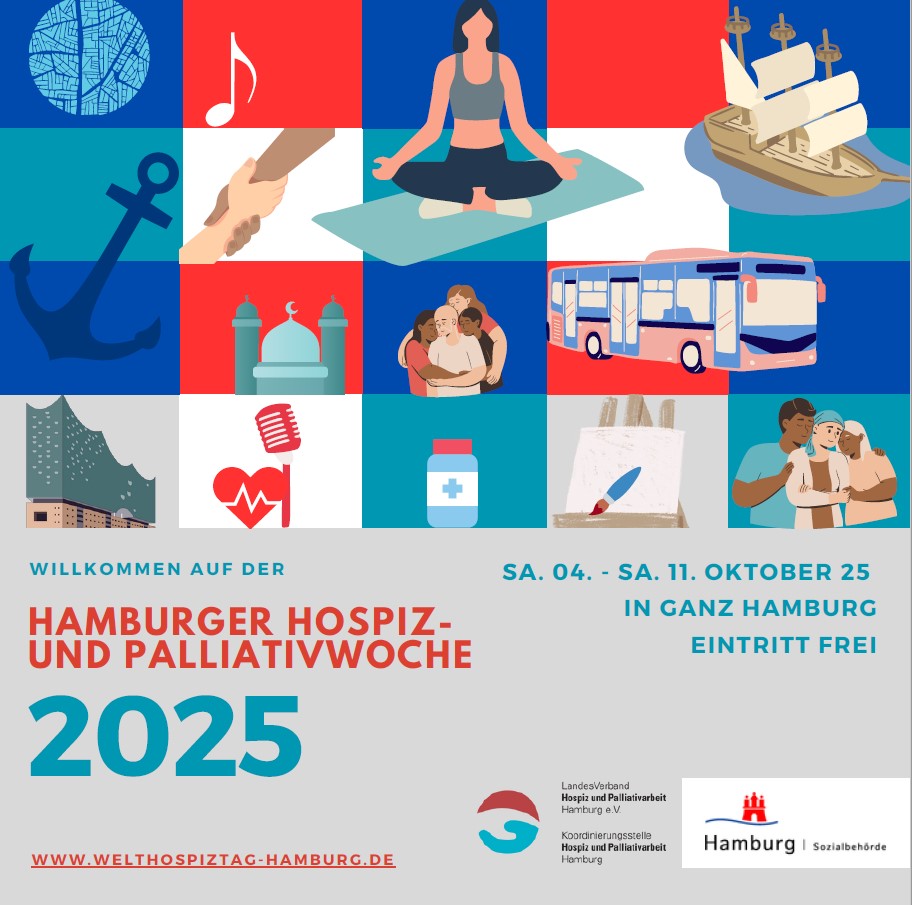 Vom 04. - 10. Oktober 2025 findet die Hamburger Hospiz -und Palliativwoche statt. In diversen Einrichtungen können Sie während dieser Zeit an Vorträgen und Workshops teilnehmen.